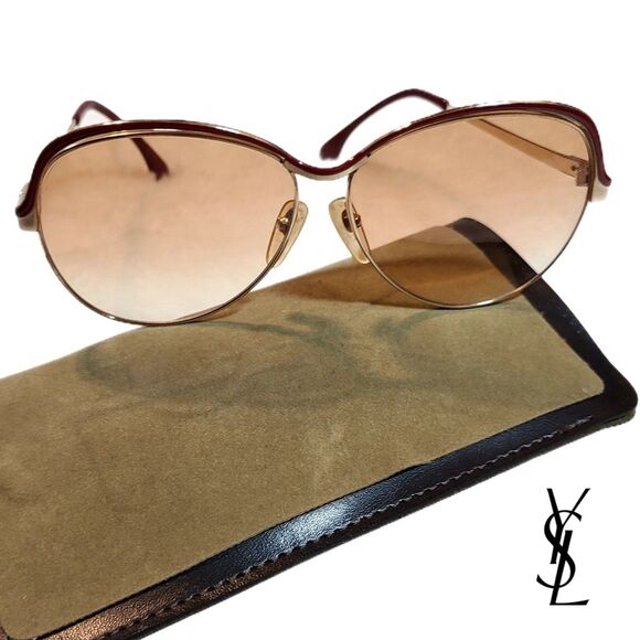 Yves Saint Laurent Oversized Gold & Red Gradient 80s Vintage Sunglasses w/ Case - Picture 1 of 12